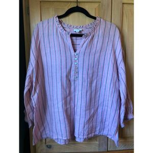 🧺J. Jill | 100% Linen Pink & black candy stripe peasant blouse | Large